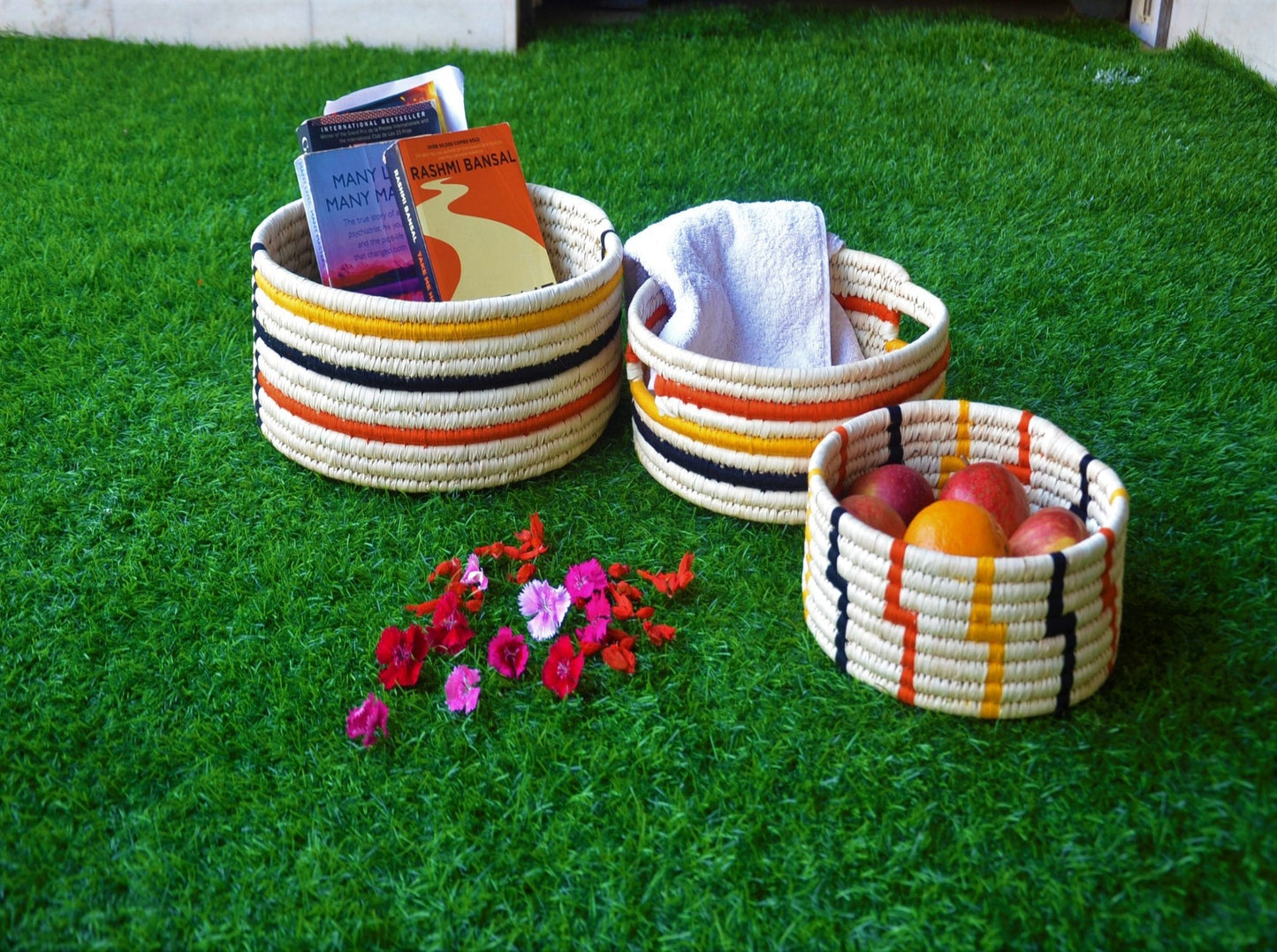 Cylindrical Decorative Patterned Woven Storage Basket Set of 3 | KalaGhar