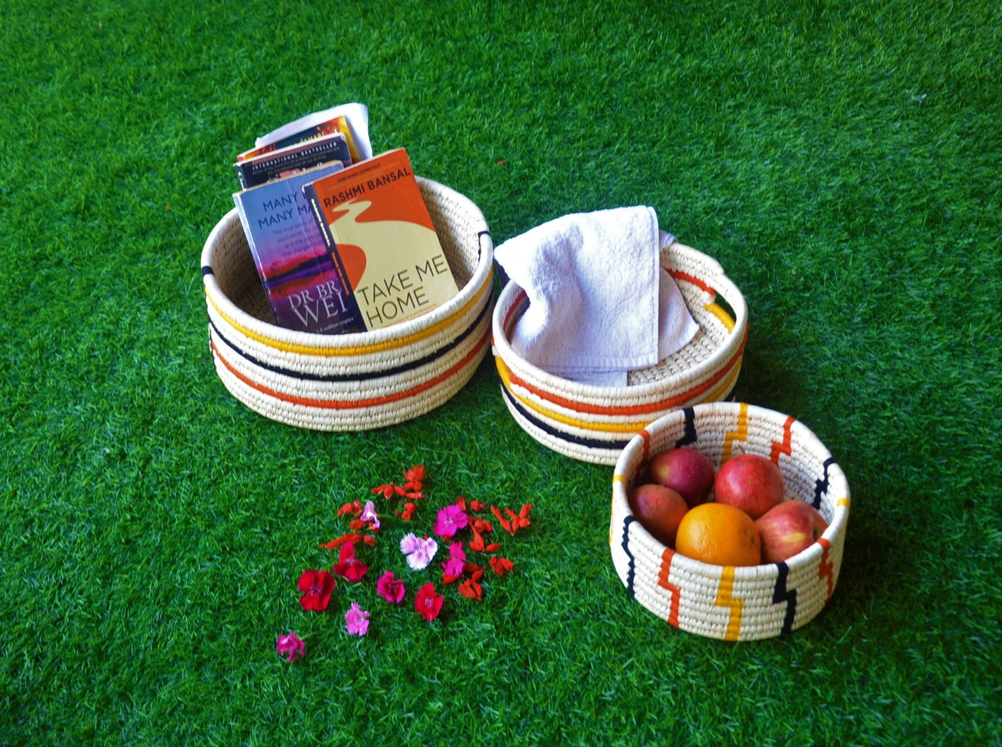 Cylindrical Decorative Patterned Woven Storage Basket Set of 3 | KalaGhar