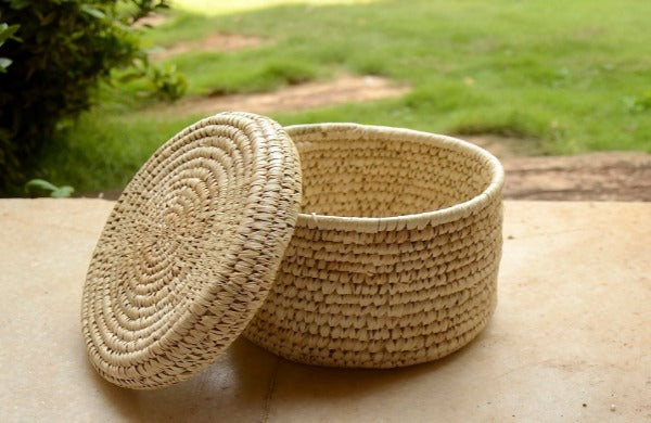 Small Round Handwoven Storage Box with Lid in Natural