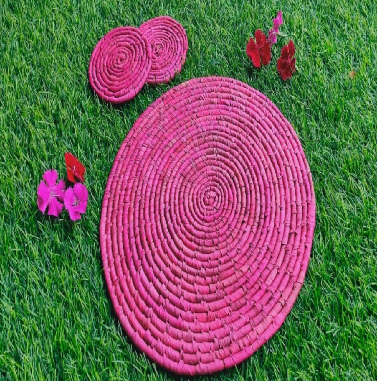Decorative Pink Woven Placemat and Coasters Set - Made with Natural Fibre | KalaGhar