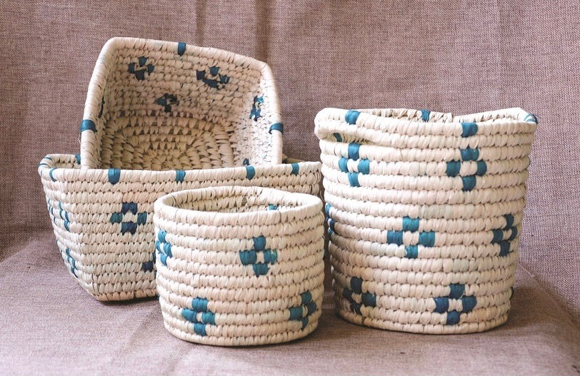 Handwoven Patterned Baskets for Storage in Green - Set of Four | KalaGhar