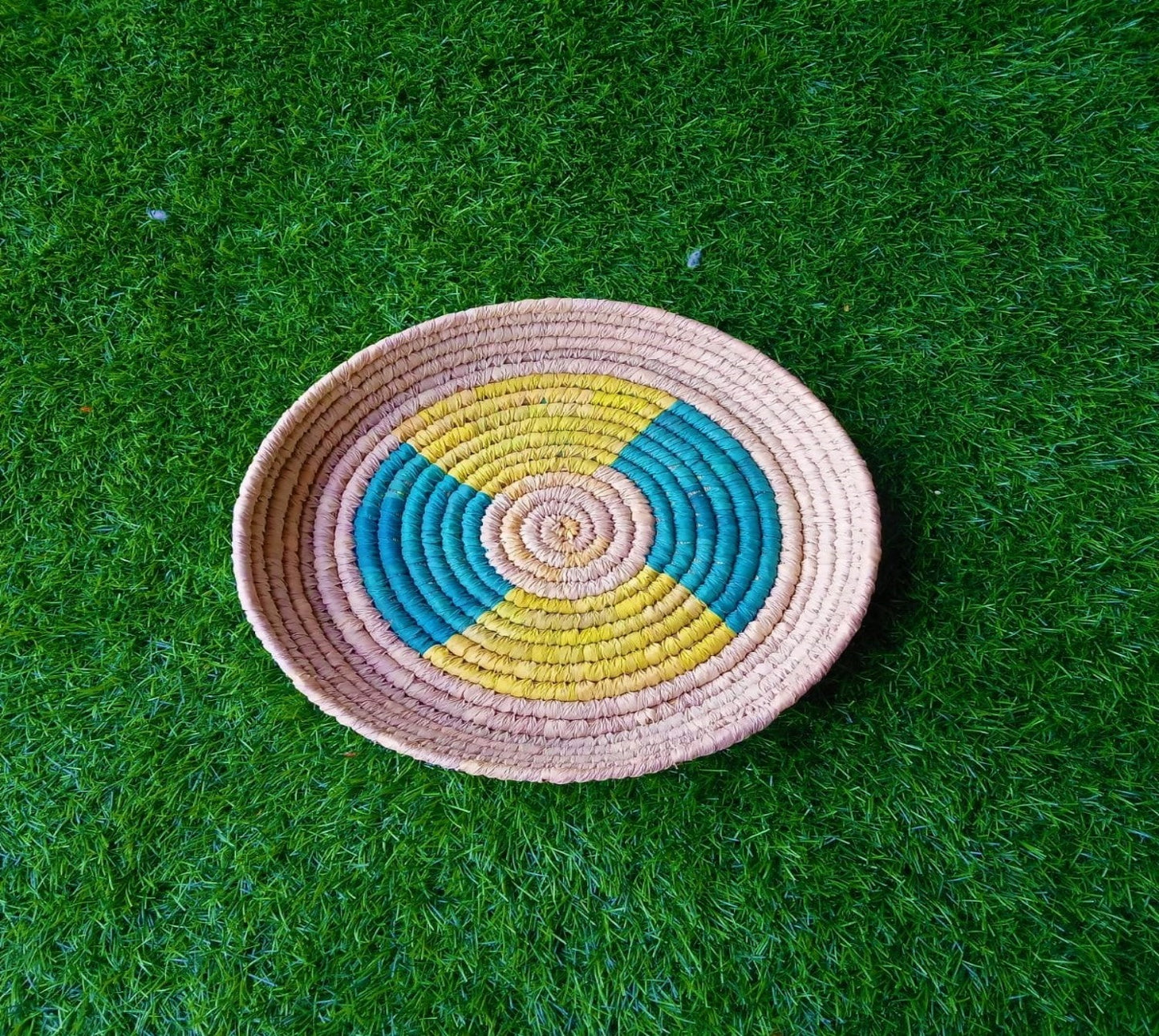 Green and Yellow Patterned and Round Woven Fruit and Bread Basket | KalaGhar