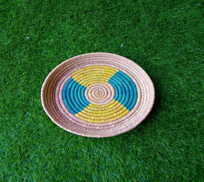 Green and Yellow Patterned and Round Woven Fruit and Bread Basket | KalaGhar