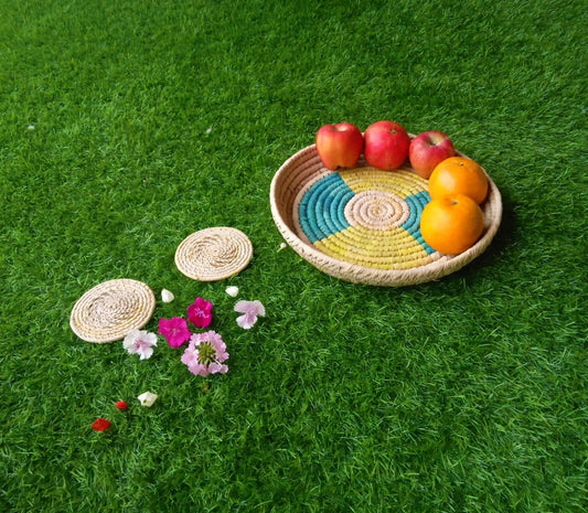 Green and Yellow Patterned and Round Woven Fruit and Bread Basket | KalaGhar