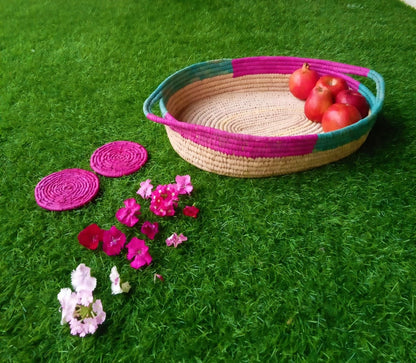 Pink and Green Woven Fruit and Bread Basket | KalaGhar